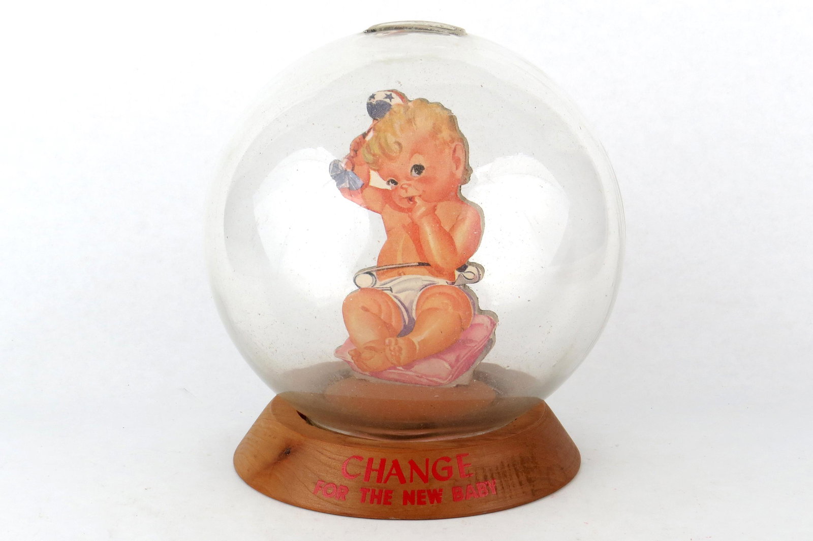 "Change for the New Baby" Bubble Bank: "Change for the New Baby" Bubble Bank, Wood/Glass, Pink cushion