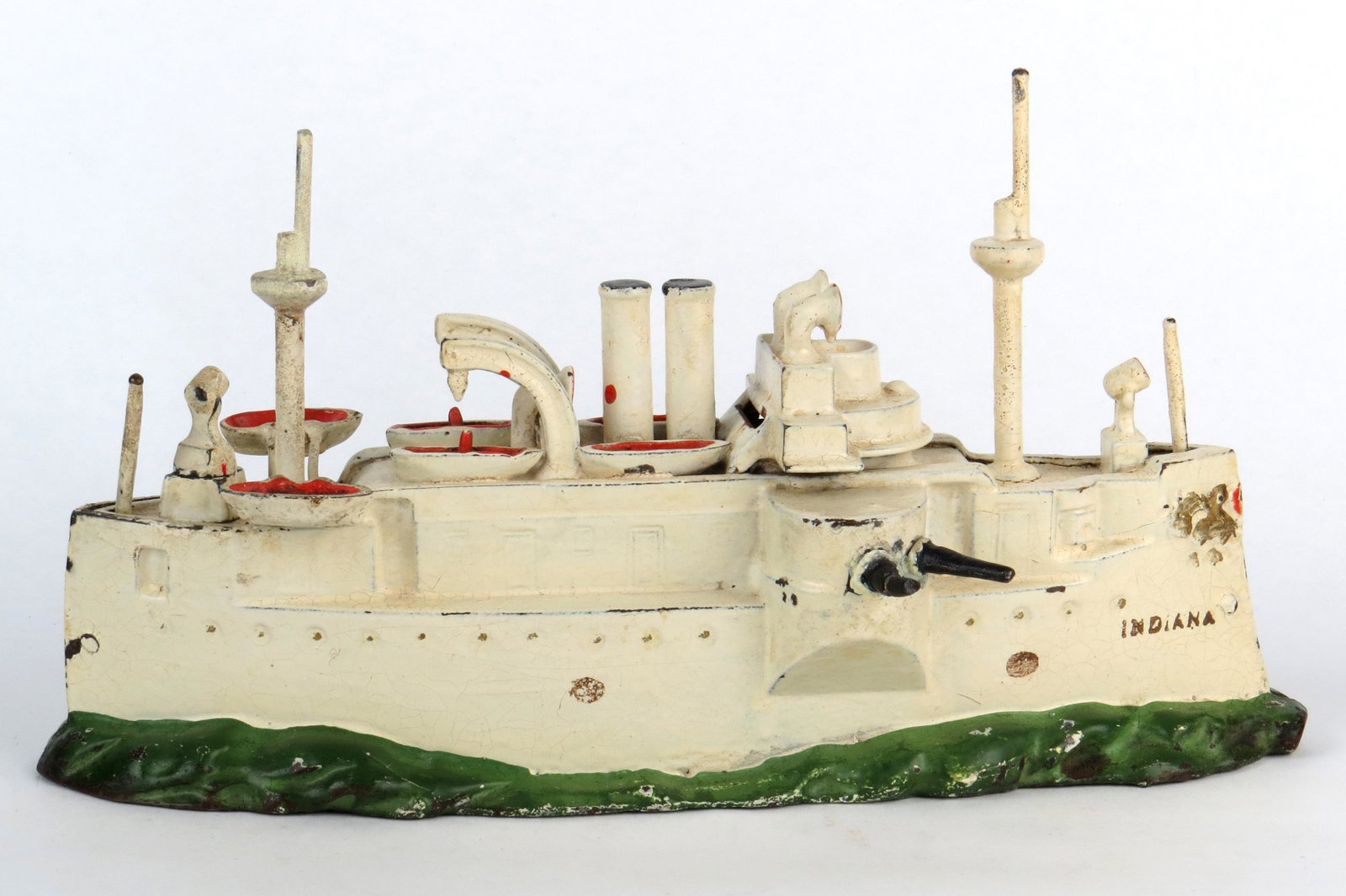 "Indiana" Battleship Bank: "Indiana" Battleship Bank, CI, Bank has issues--masts, guns, has touch up