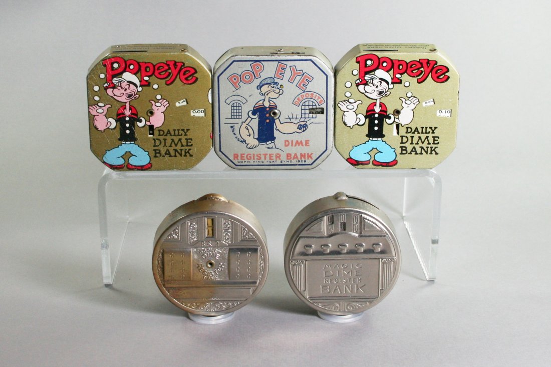Lot of 5: "Popeye Daily Dime Bank" w/Advertising : Lot of 5: "Popeye Daily Dime Bank" w/Advertising "Sacramento Savings & Loan" on back; "Popeye Daily Dime Bank" ; "Pop Eye Dime Register Bank"; "Magic Dime Register Bank"; "B & R Pocket Dime Register B