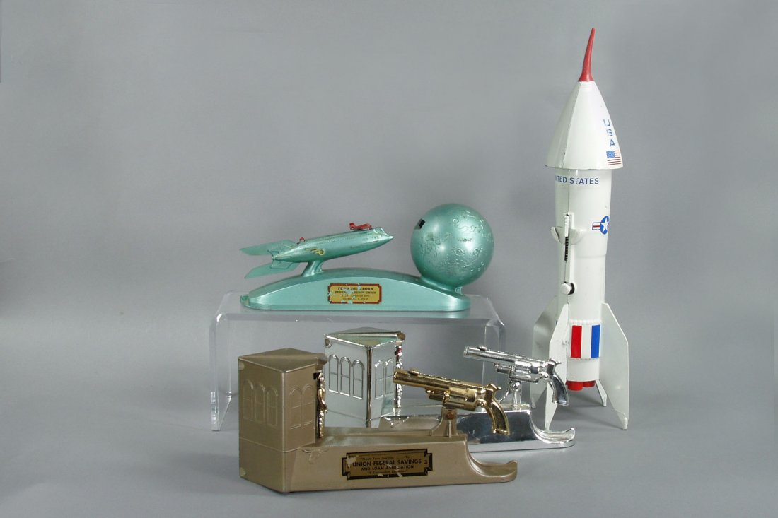 Lot of 4 Mech. Banks: Rocket Ship; Stratto Bank; : Lot of 4 Mech. Banks: Rocket Ship; Stratto Bank; (2) Wild West Banks (all working, all original traps) - PM