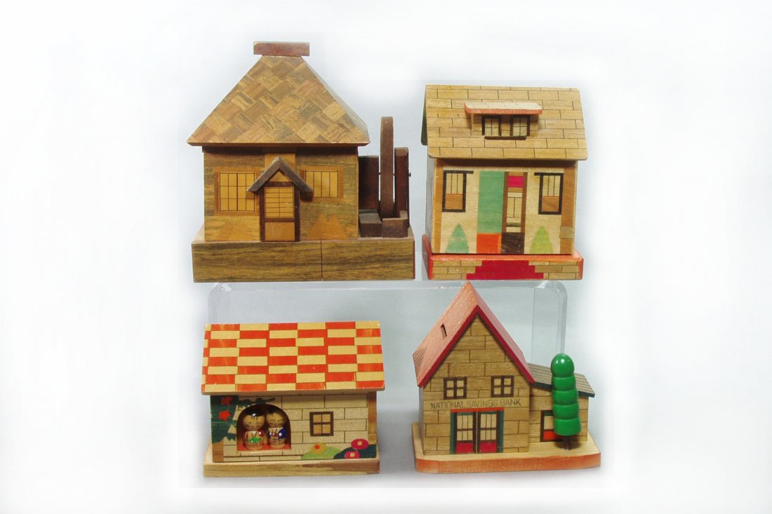 Lot of 4 Misc. Wood Bldg. Banks (key inside puzzle: Lot of 4 Misc. Wood Bldg. Banks (key inside puzzle drawer of the Mill)