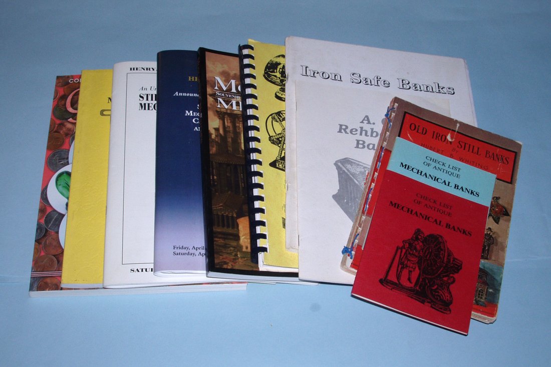 Lot of 6 Books on Banks, 2 Price Guides, 2 H/P Auction : "Glass Banks"; "Monumental Miniatures"; "Iron Safe Banks"; "Old Iron Still Banks"; "Chein Banks"; "Chein Toys"; 2 Price Guides; 2 H/P Auction Catalogs