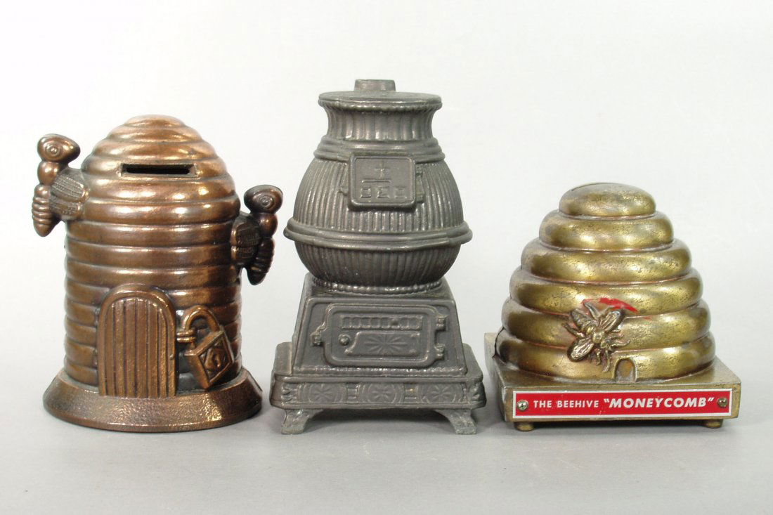 Lot of 3 Pot Metal Banks: Beehive on Base; Tall Beehive, damage to side at base; Pot Belly Stove