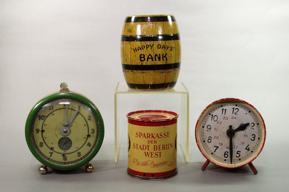Lot of 4 Misc. Tin Still Banks: Lg. Clock, 4 1/8", missing lock; Sm. Clock, 3 5/8"; "Happy Days" Barrel, 3 7/8"; Can, 2 5/8"