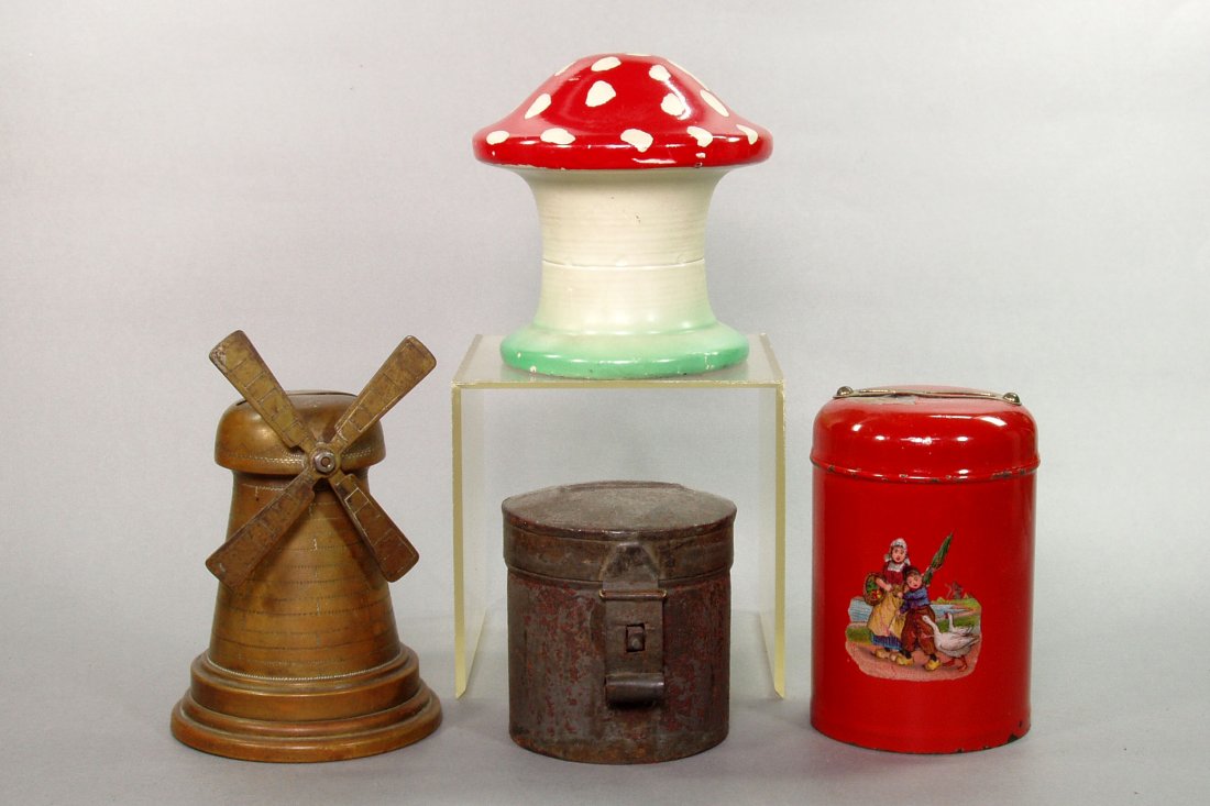 Lot of 4 Tin Still Banks: Windmill, 4 3/4"; Stein, 2 3/4"; Toadstool, 3 5/8"; Bin, 3 3/4"