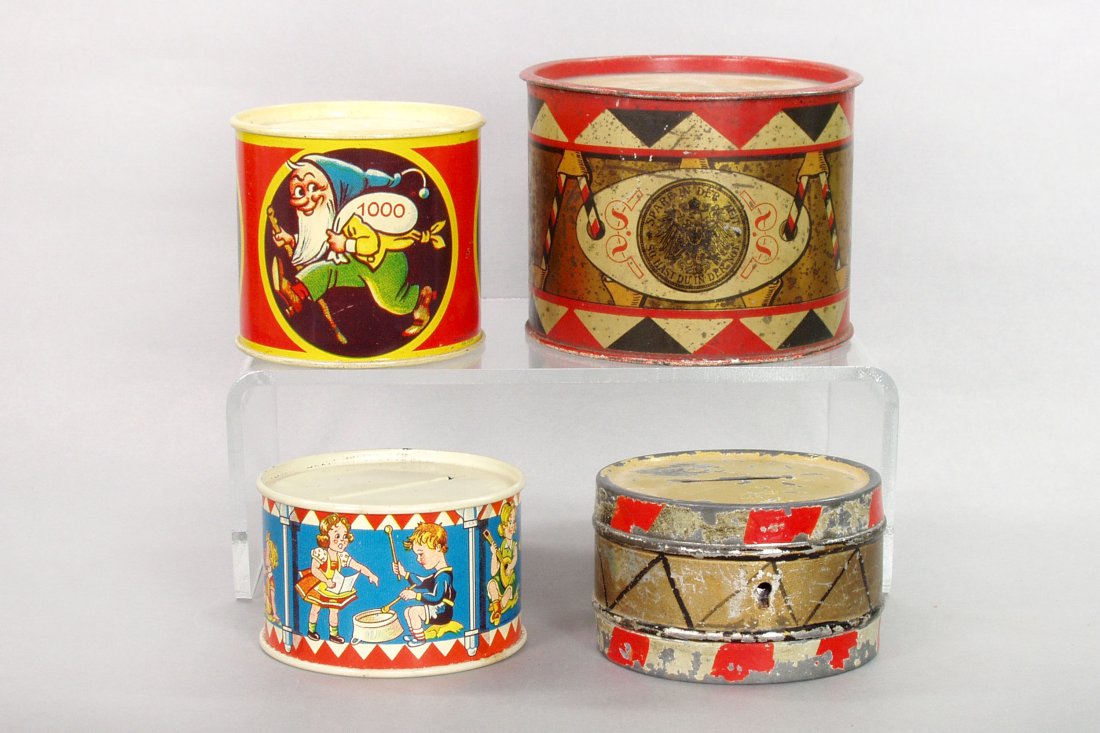 Lot of 4 Tin Drum Still Banks: Large, 3 1/8"; Elf, 2 5/8"; Kids Playing, 1 7/8"; Decorated, 1 3/4"