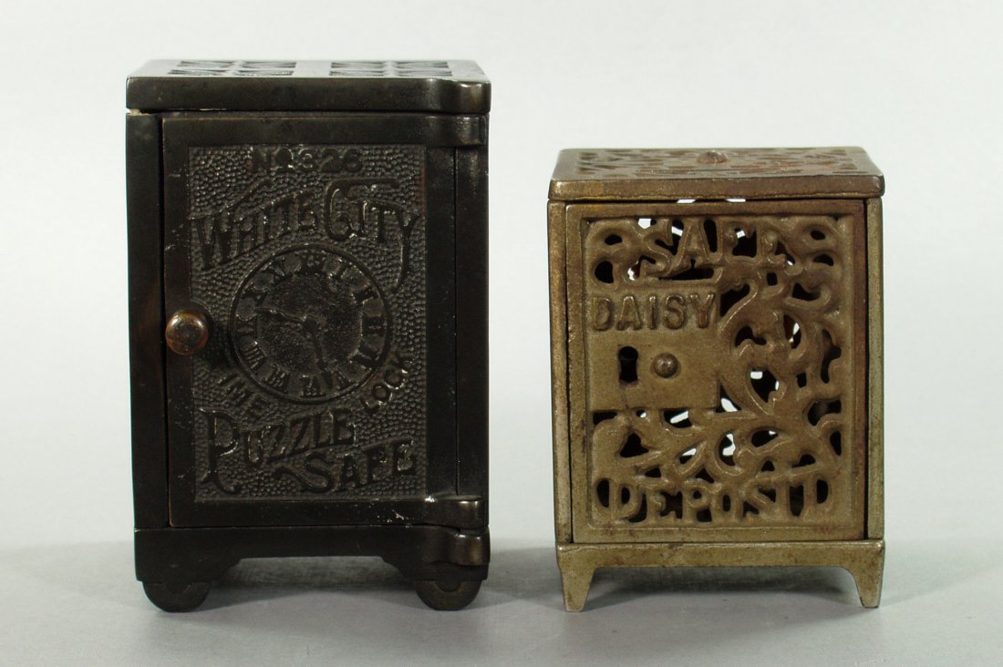 Lot of 2 Cast Iron Safe Banks: "White City Puzzle Safe No. 326"; "Daisy Safe Deposit"