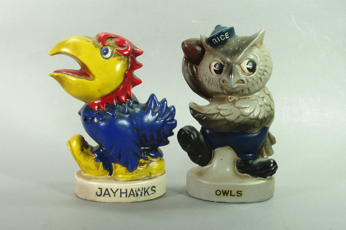 Lot of 2 Composition Mascot Banks: Kansas Jayhawks, 6 1/8"; Rice Owls, 6 3/4"