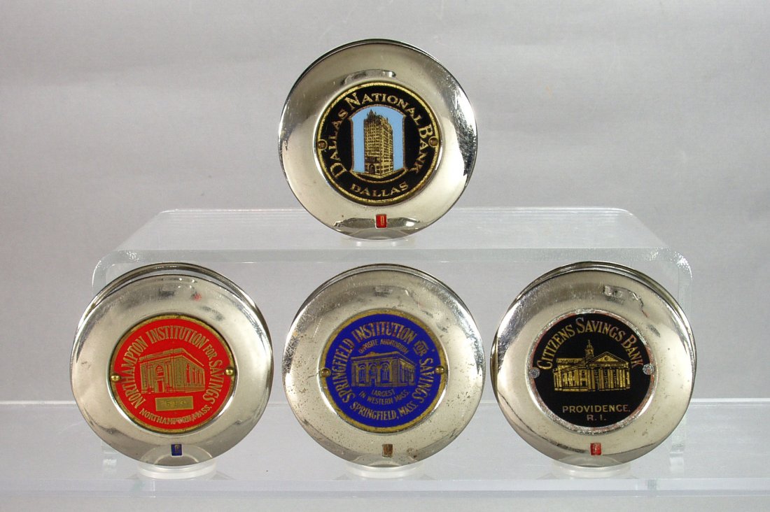 Lot of 4 Round Metal Dime Pocket Banks: "Dallas National Bank Dallas"; "North Hampton Institution for Savings North Hampton, Mass"; "Springfield Institution for Savings Springfield, Mass"; "Citizens Savings Bank Providence, RI"