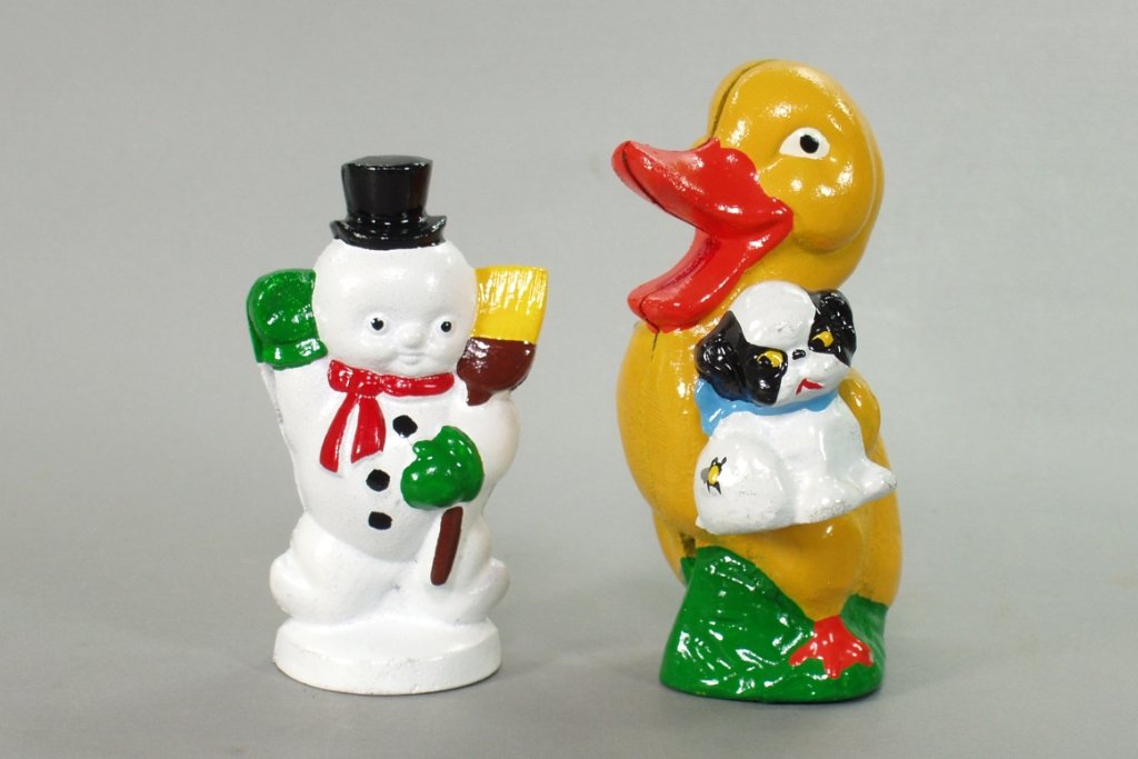 Lot of 2 Aluminum Banks: Snowman; Duck w/Puppy Banks