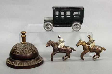 Lot of 4 Misc. Items: Glass Coach Candy Container; Cast Iron Hotel Bell; (2) Lead Horses w/Jockeys
