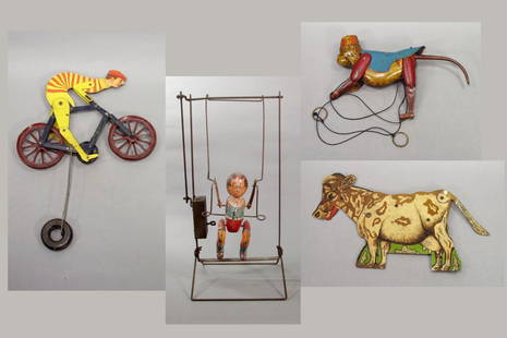 Lot of 4 Misc. Articulated Toys: Bicycle w/Rider; Monkey; Cow; Acrobat