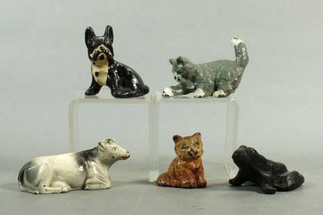 Lot of 5 Pot Metal and Cast Iron Miniature Animals: Lot of 5 Pot Metal and CI Miniature Animals: Frog, CI; Cow, PM; Dog, CI; 2 Cats, CI