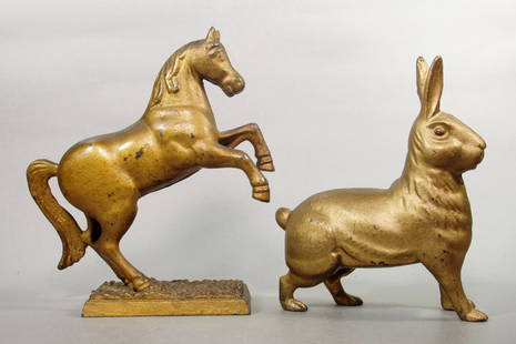 Lot of 2 Cast Iron Animal Banks: Lot of 2: Prancing Horse on Pebbled Base; Standing Rabbit