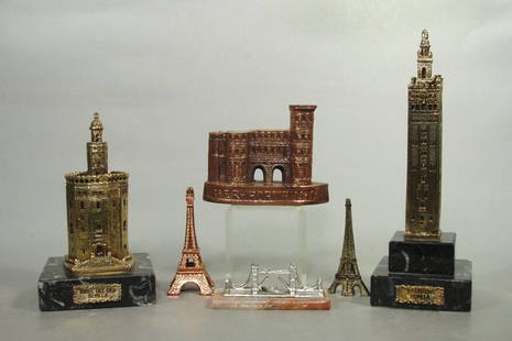 Lot of 6 Souvenir Buildings (not banks): Lot of 6 Souvenir Bldgs. (not banks): "Trier Porta Nigra"; "Torre Del Oro Sevilla" on marble base; "La Giradda Sevilla" on marble base; 2 Eiffel Towers; London Bridge