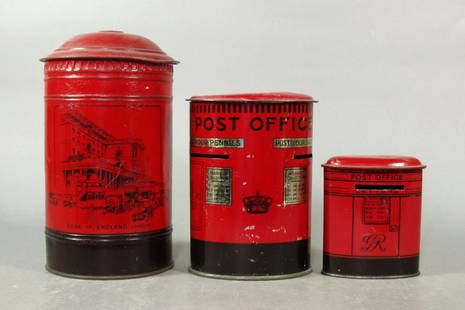 Lot of 3 Tin English Mailbox Banks: Lot of 3 Tin English Mailbox Banks