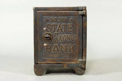 "State Savings Bank No. 358" CI Bank: "State Savings Bank No. 358" CI Bank, lock damaged, rare safe w/ferris wheel on back