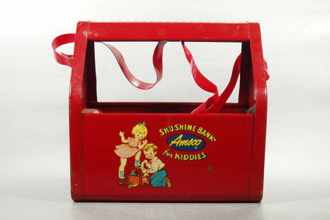 Sheet Metal "Shu-shine Bank": Sheet Metal "Shu-shine Bank", only one we have seen with original strap and shoe shine accessories inside. Start your own business!