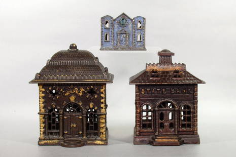 Lot of 3 CI Building Banks: Lot of 3 Bldg. Banks: Roof Bank, replaced turnpin; "State Bank", replaced turnpin; Church, broken steeples, crack, replaced turnpin