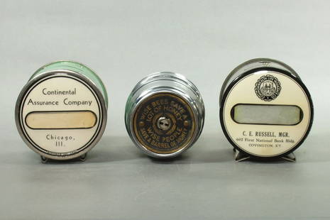 Lot of 3 Metal and Celluloid Insurance/Savings Banks: Lot of 3 Metal and Celluloid Insurance/Savings Bank, Barrel reads: "Wise Bees Save a Lot of Honey, Wise People Save a Barrel of Money"