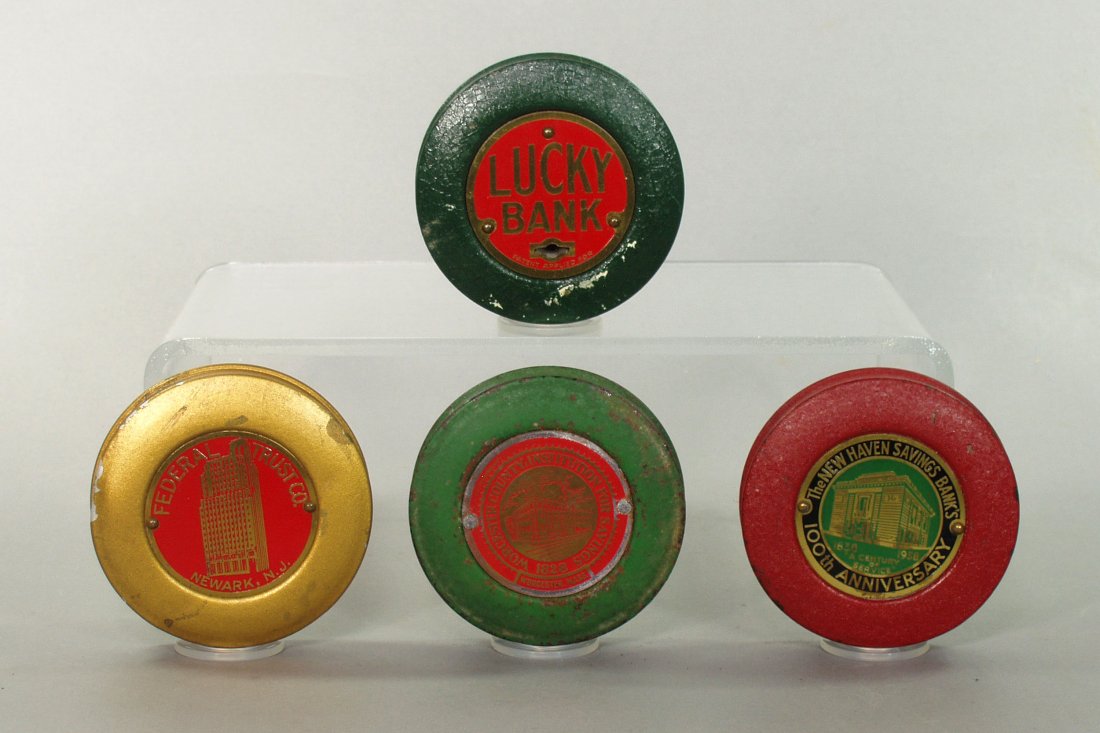 Lot of 4 Medal Pocket Banks: "The New Haven Savings Banks 1938"; "Worcester County Institution for Savings Worcester, Mass."; "Federal Trust Company Newark, NJ"; "Lucky Bank" (missing back plate)