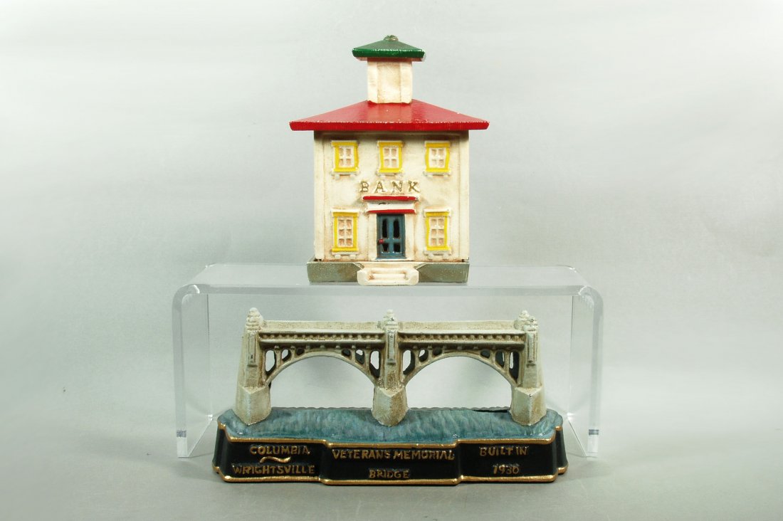 Lot of 2 Mod. CI Building Banks: Large Cupola; "Columbia Wrightsville Veterans Memorial Bridge Built in 1930" (Penn.)