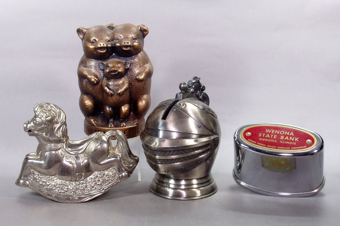 Lot of 4 Misc. Banks: "Three Little Pigs", pot metal; "Wenona State Bank - Wenona Illinois", sheet metal; Rocking Horse, pot metal; Knights Helmet, pot metal