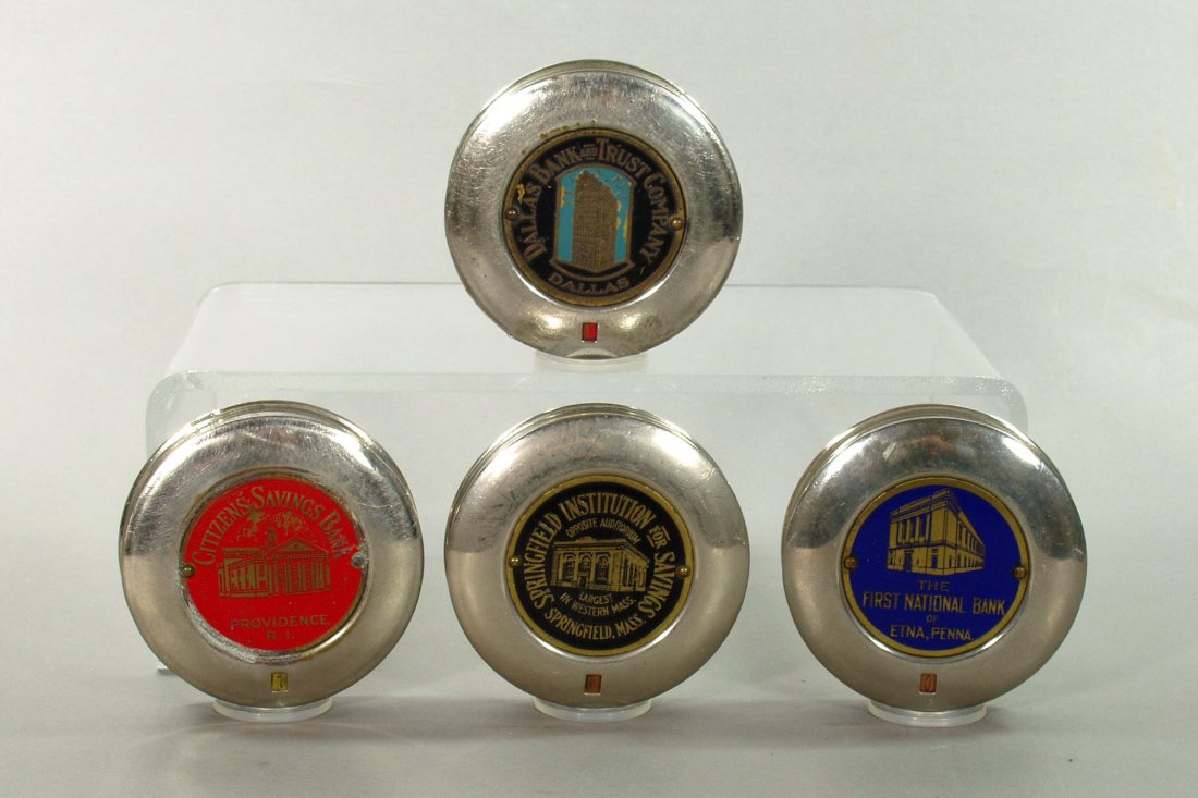 Lot of 4 Chrome Pocket Banks: The First National Bank Etna, Penna."; "Dallas Bank and Trust Company, Dallas"; "Springfield Institution for Savings, Springfield, Mass."; "Citizens Savings Bank, Providence, RI