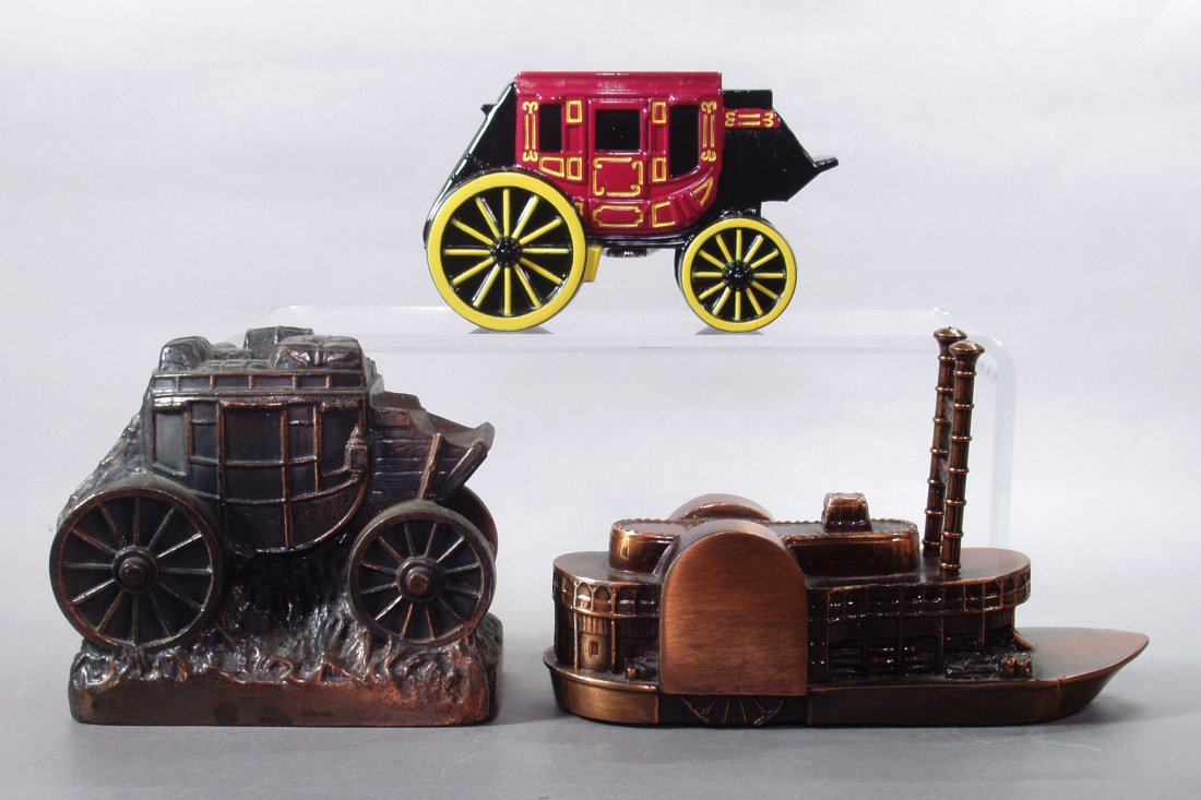 Lot of 3 Transportation Banks: Wells Fargo Stagecoach w/key; "Riverboat"; Stagecoach