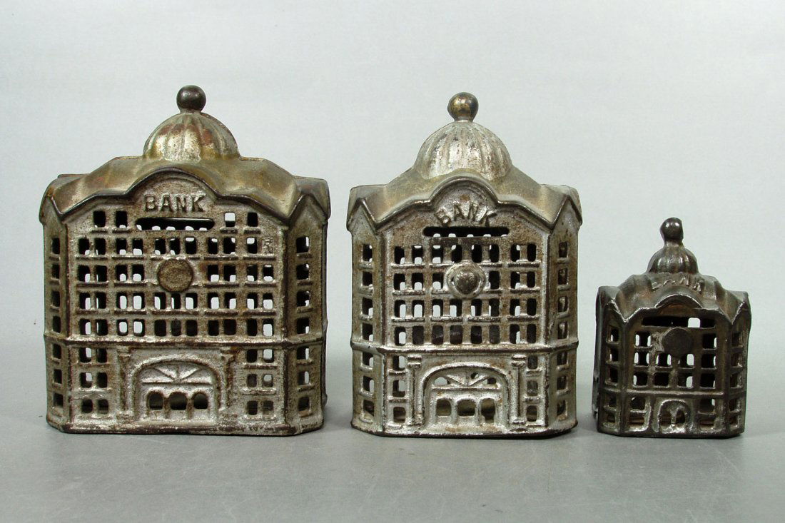 Lot of 3 Cast Iron Domed Building Banks: Lot of 3 Domed Bldg. Banks: Largest; 2nd Largest; Small