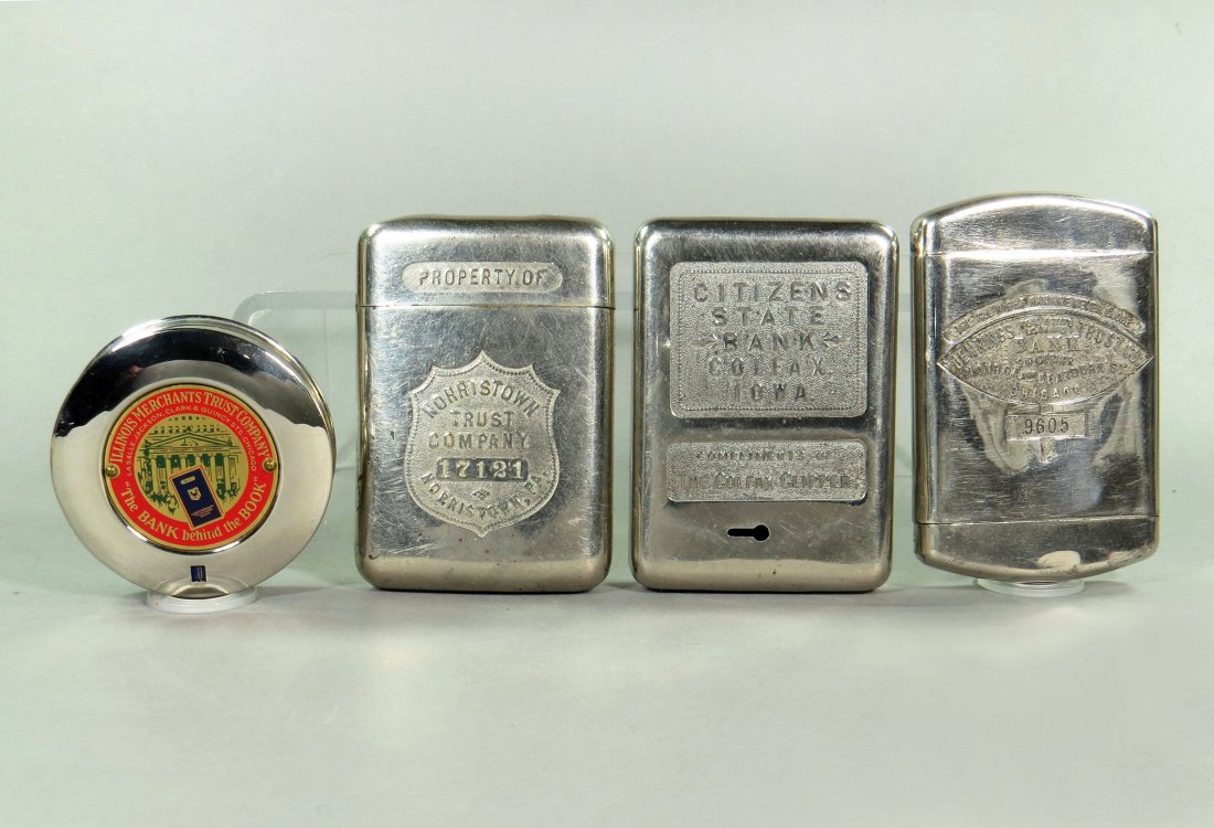 Lot of 4 Chrome Pocket Banks: 4 Chrome Pocket Banks: "Norristown Trust Co. - Norristown, Pa."; "Jennings Trust Co, - Chicago"; Citizens State Bank, Colfax, Iowa"; Illinois Merchants Trust Co." w/original box, top flap missing