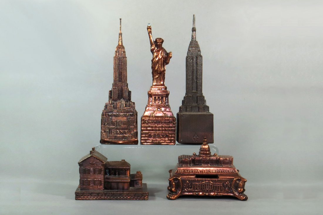 Lot of 5 Pot Metal Building Banks (1 of 3)