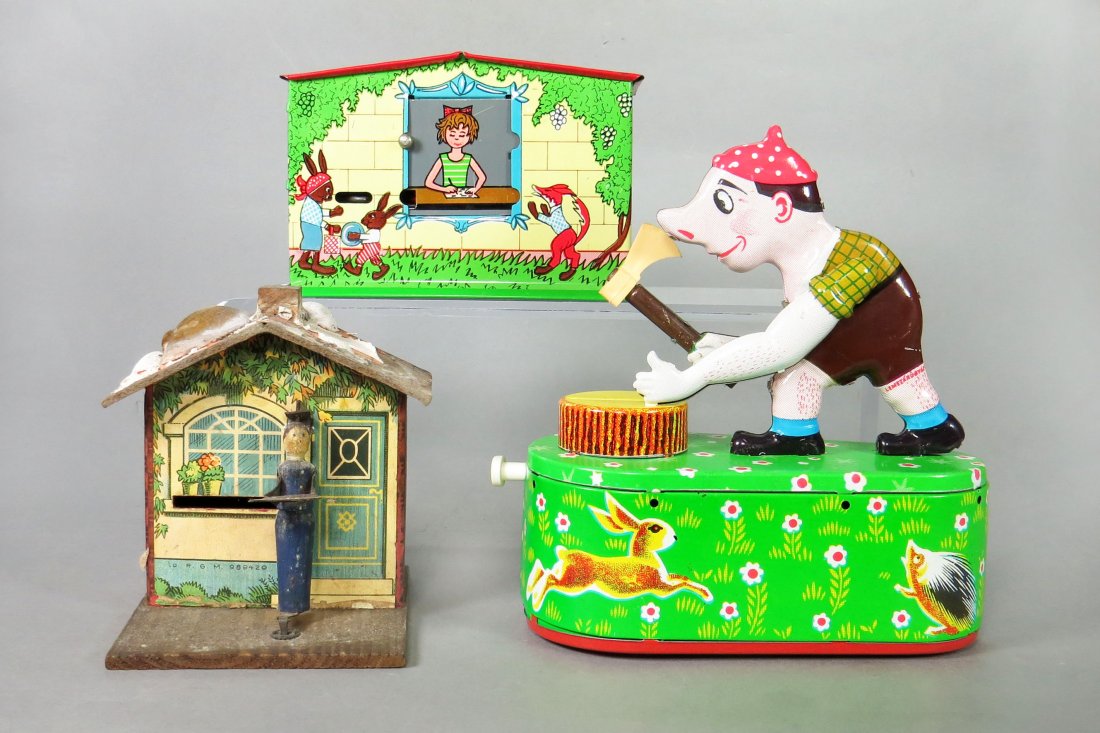 Lot of 3 Tin and Wood Mechanical Banks: 3 Mech. Banks: Woodchopper; Sliding Door Bldg. w/Animal Scenes; House w/Seashells on Roof, missing most of the seashells