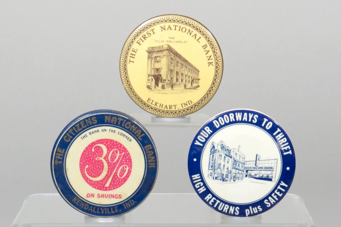 Lot of 3 Celluloid Pocket Banks: 3 Celluloid Banks: "Worcester Federal Savings"; "The First National Bank - Elkhart, Ind."; "The Citizens National Bank - Kendallville, Ind."