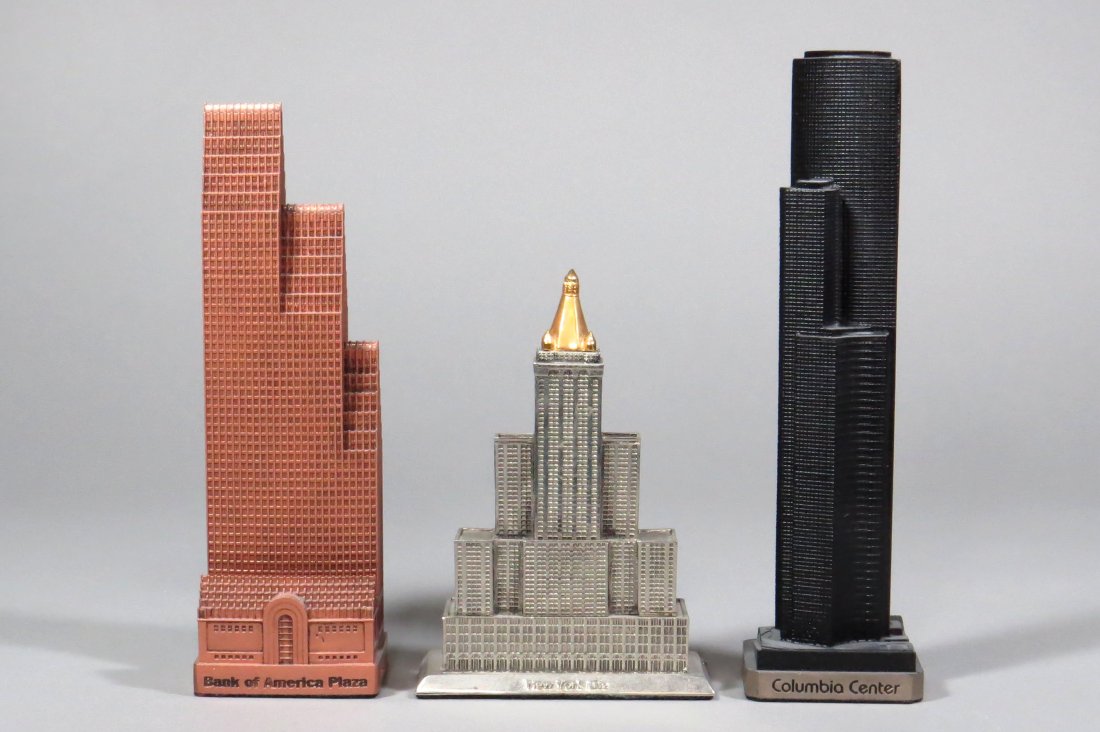 Lot of 3 Pewter Souvenir Buildings: 3 Souvenir Bldgs., pewter: "Bank of America Plaza - Houston, Texas", InFocus Tech; "Columbia Center - Seattle 1985 - InFocus Tech 2004", InFocus Tech; "New York Life - New York, NY", Microcosms