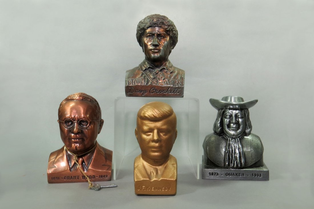 Lot of 4 Bust Banks: 4 Bust Banks: CI "J. F. Kennedy"; Pot Metal "Davy Crockett"; Pot Metal "Quaker"; Pot Metal "Grant Wood" w/key