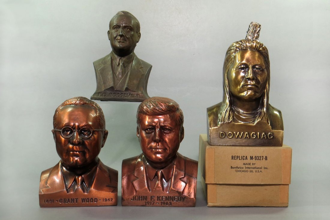 Lot of 4 Pot Metal Bust Banks: 4 PM Bust Banks: "John F. Kennedy"; "F D Roosevelt", damaged; "Grant Wood" w/key; "Dowagaic" in OB w/key