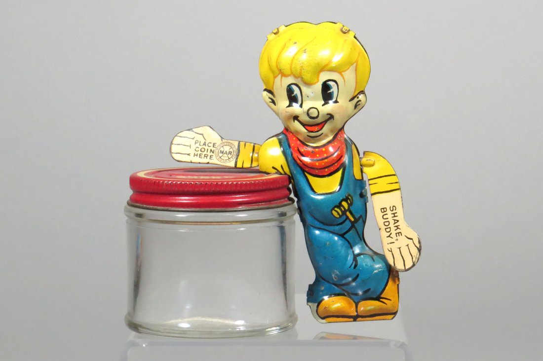 "Buddy Bank" Tin and Glass Candy Container/Mechanical: "Buddy Bank" Tin and Glass CC/Mechanical Bank