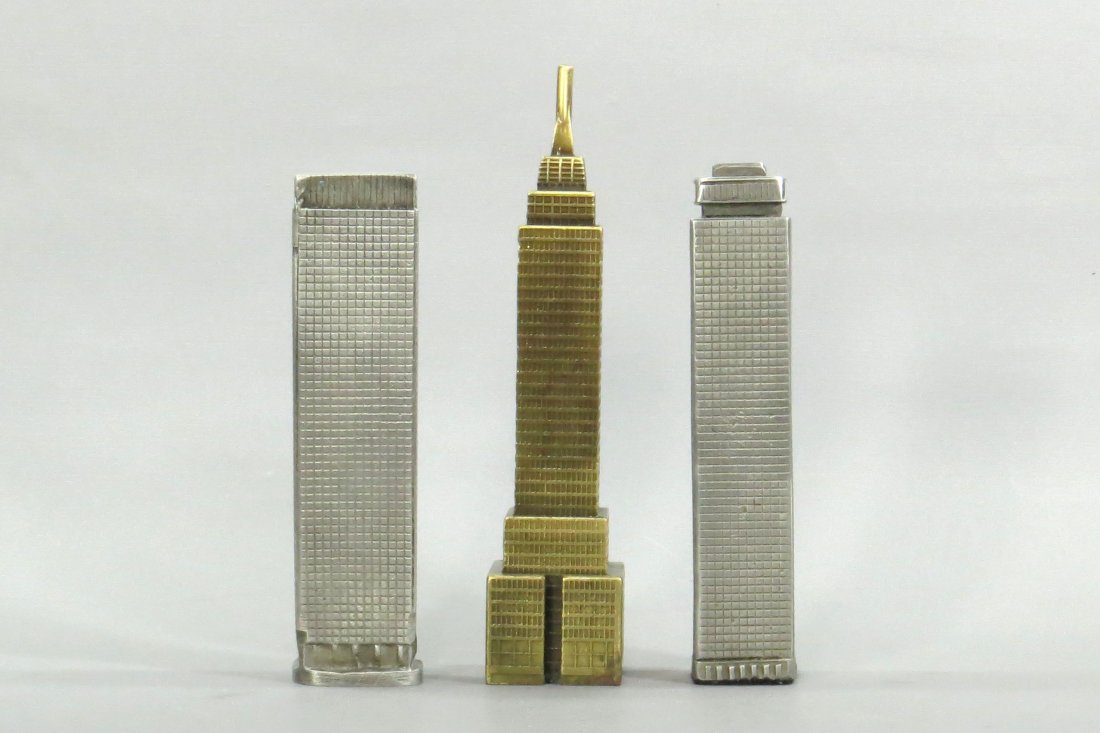 Lot of 3 Souvenir Buildings: 3 Souvenir Bldgs., pewter and brass: Early Infocus Tech NYC Building, 5 1/2"; Torre Latino Americano, Mexico City, 5 1/4"; Early Inforcus Tech NYC Building, 6 1/2"