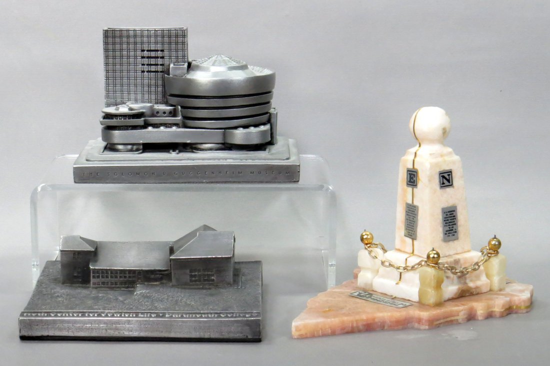 Lot of 3 Souvenir Buildings: 3 Souvenir Bldgs., pewter and marble: "The Solomon Guggenheim Museum 1997", 3 1/2"; "Equador" Monument, 4 3/4"; Microcosms "Roth Center for Jewish Life, Dartmouth 1997", 1 7/8"