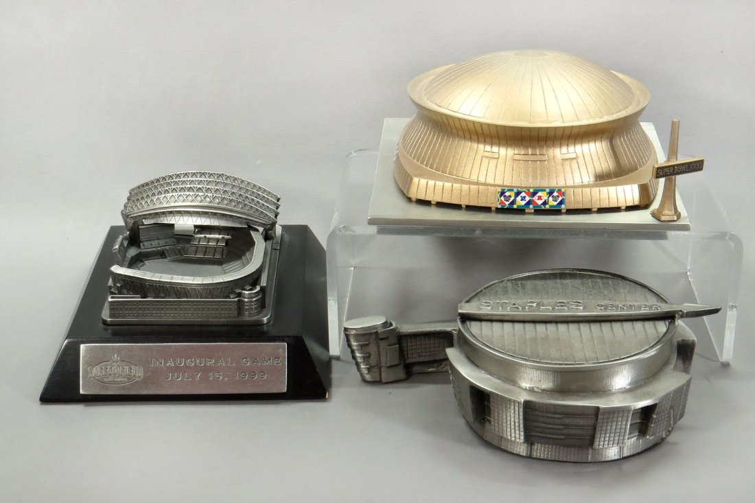 Lot of 3 Stadiums: 3 Stadiums, lead: "New Orleans Superdome Louisiana 1997"; "Safeco Field Seattle 1999" on wood base; "Staples Center" Microcosms