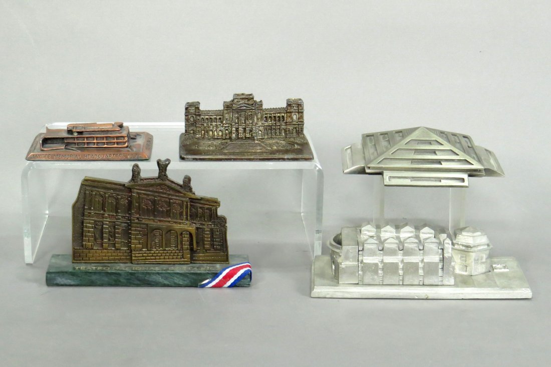 Lot of 5 Souvenir Buildings: 5 Souvenir Bldgs., pot metal, lead, and aluminum: "Museu Pavliesta USP SP BR"; "Jaycee Memorial Headquarters Bldg. Tulsa, Okla."; "Teatronacional Costa Rica"; Holocaust Museum.; Bldg. top