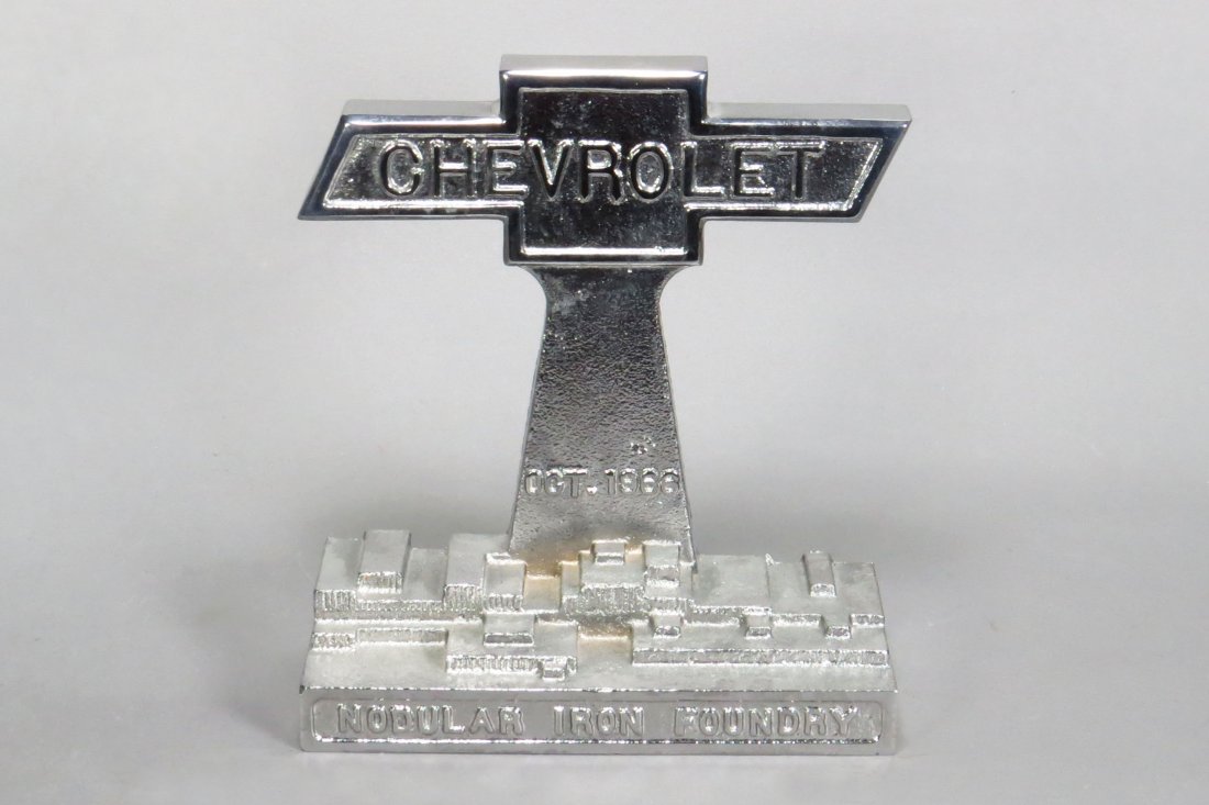 "Chevrolet Oct 1966 Nodular Iron Foundry" Emblem: "Chevrolet Oct 1966 Nodular Iron Foundry" Emblem, nickel plated