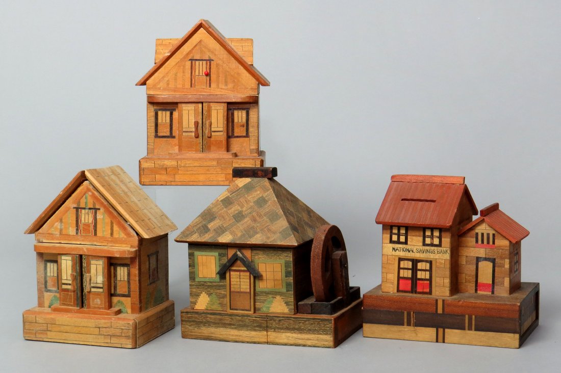 Lot of 4 Japanese Puzzle Banks, wood (1 of 2)