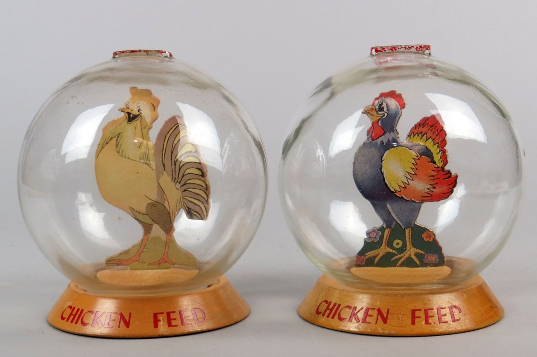 Lot of 2 Wood and Glass "Chicken Feed" Bubble Banks (1 of 3)