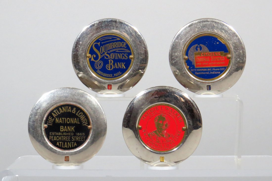 Lot of 4 Round Chrome Pocket Banks: 4 Round Chrome Pocket Banks: "The Atlanta & Lowry National Bank, Atlanta"; "Southbridge Savings Bank, Southbridge Mass"; "Maggie L. Walker, Richmond Virginia"; "Citizens Federal Savings - Hammond, Ind