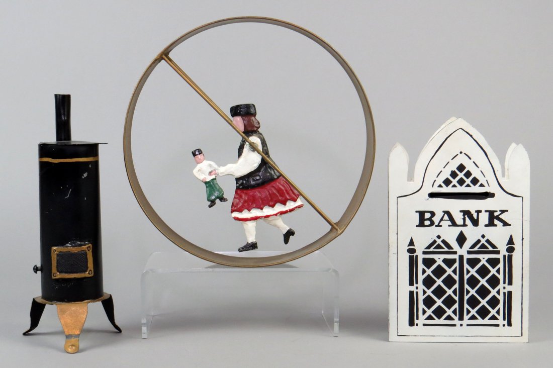 Lot of 3 Tin Toys: 3 Tin Toys: Boiler w/Surprise, 9 1/8"; Hoop Toy w/Girl, 9 1/4"; Gothic Bank, 8 1/8", circa 1960s