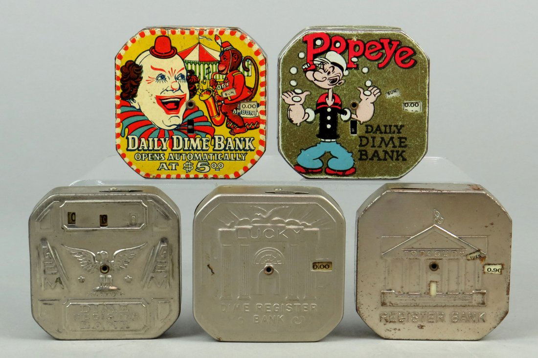 Lot of 5 Tin Pocket Dime Register Banks (1 of 2)