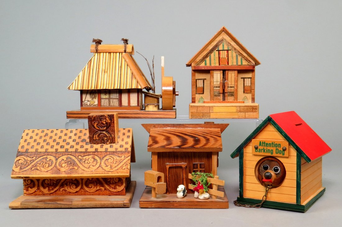 Lot of 5 Wood Building Banks: 5 Wood Bldg. Banks