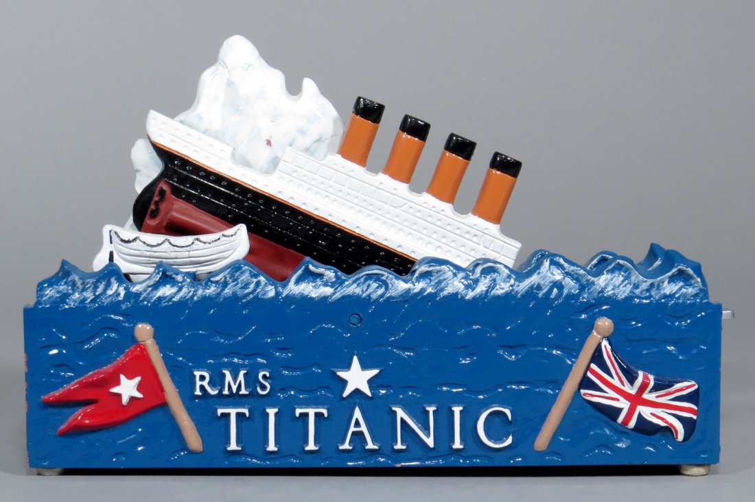 Aluminum "RMS Titanic Bank" Mech. Bank: "RMS Titanic Bank", aluminum, made by Sandman, 95 were made